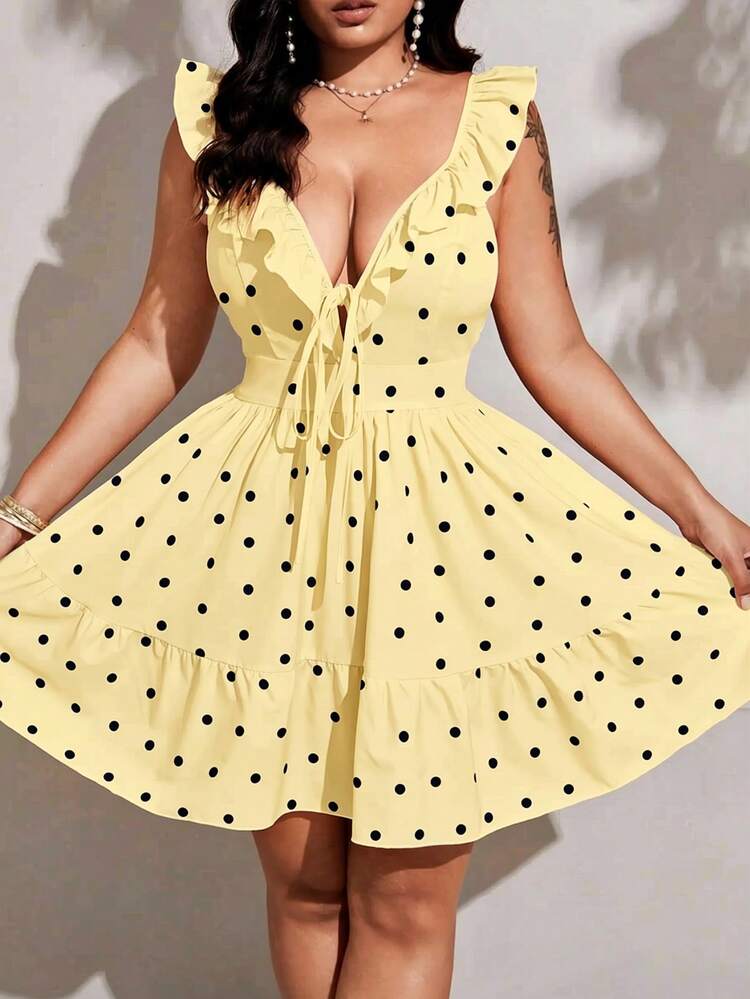 Viva Relle Vestido elegante y romántico con cuello en V profundo, volantes en el bajo, lunares y lazo para mujer talla grande - Amarillo claro - Añade 8