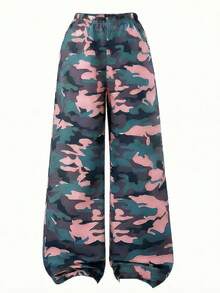 SHEIN 两件套少女舒适宽松户外街头运动风套装，粉色超大T恤+迷彩阔腿裤 - 彩色 - 查看 6