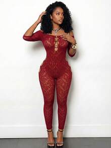 BamGleam Bộ jumpsuit hở vai gợi cảm - Màu Đỏ Sâu - Xem 1