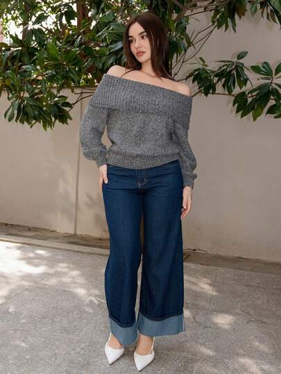 Bris Aura Women's Solid Color Off-Shoulder Long Sleeve Loose Casual Sweater, Autumn/Winter,Long Sleeve Tops Knit Pullover Fall Outfit