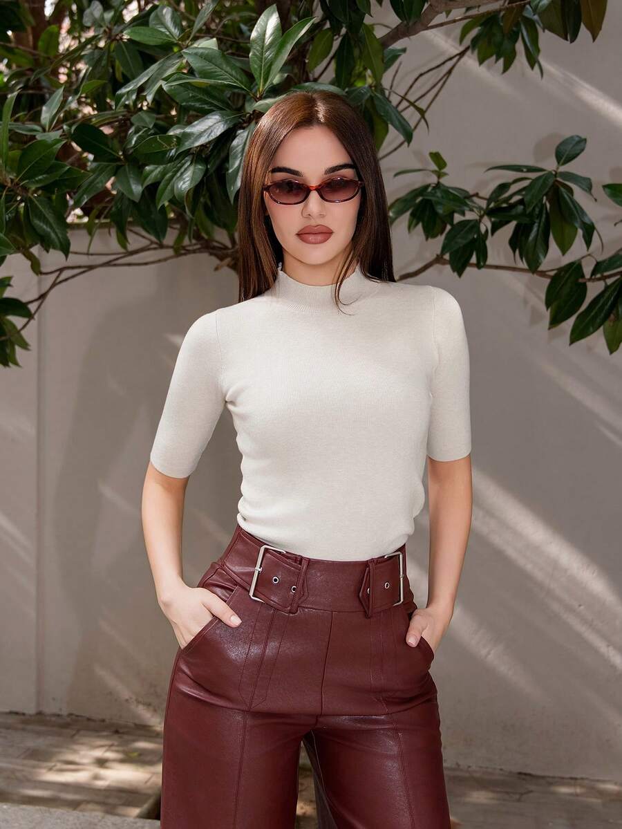 Bris Aura 女士高领修身七分袖毛衣 Y2K 秋季 - 米色 - 查看 1