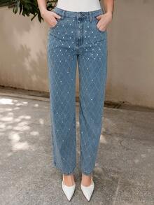 Bris Aura 闪耀派对新款女士情人节/母亲节镶钻直筒牛仔裤 - 藍色 - 查看 4