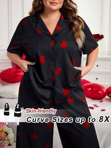SHEIN CURVE+ CURVE PLUS /Valentine's Day/Plus Size Women Striped Print Shirt And Pants Set, Versatile Outfitfall Clothes For Women,Winter,CURVE PLUS, Summer Outfits - Multicolor - View 1