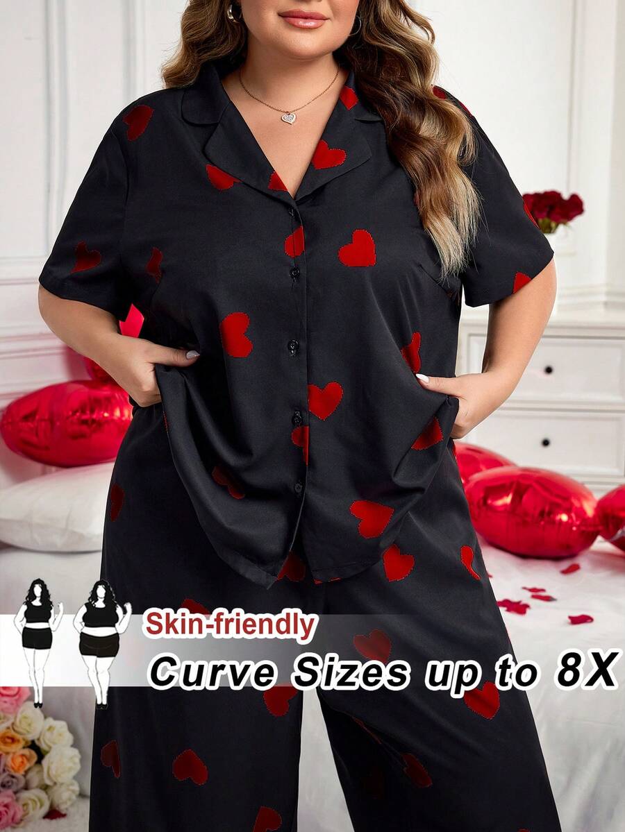 SHEIN CURVE+ CURVE PLUS /Valentine's Day/Plus Size Women Striped Print Shirt And Pants Set, Versatile Outfitfall Clothes For Women,Winter,CURVE PLUS, Summer Outfits - Multicolor - View 1