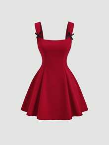 Sweetra 女士新年、万圣节、圣诞节、感恩节服装，红色连衣裙，适合派对、通勤、日常、旅行、度假 - 红色圣诞连衣裙、红色派对连衣裙、夏季连衣裙，优雅连衣裙，撞色领口、蝴蝶结装饰、不对称肩部设计、A字裙摆 - 紅色 - 查看 5