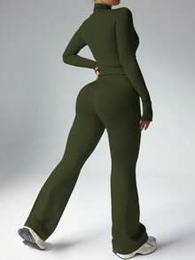 Slayform Women's Plus Size Casual Zip-Up Jacket With Thumb Hole And High Waist Flare Pants 2 Pieces Set - Army Green - View 3