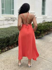 Alexandranx 露背系带设计，侧开衩及小腿的修身长裙，适合派对穿着 - 亮橙色 - 查看 3