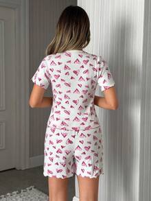 SHEIN Bộ đồ ngủ 2 món bằng cotton màu trắng với họa tiết trái tim tím lớn, cổ tròn, tay ngắn, dệt kim và quần short, đường may tương phản tinh tế, thoải mái, thích hợp mặc ở nhà cho nữ. - trắng - Xem 2