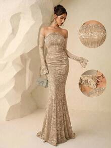 Coutiva Vestido de noche de alta gama para mujer con decoración de perlas falsas, vestido formal elegante para banquetes y fiestas - Albaricoque - Ver 8