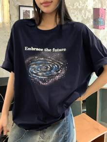 DAZY Camiseta de mujer de cuello redondo, estilo coreano, lavada - Azul Marino - Ver 3