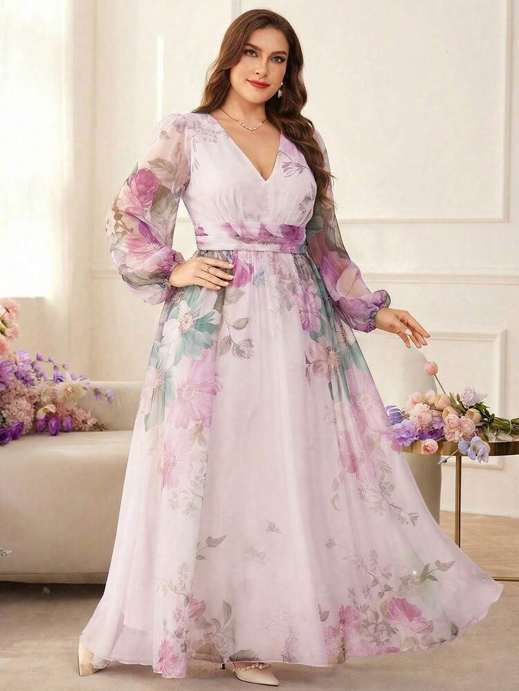 Modelyn فستان أنيق بخصر مربوط وطبعة زهرية لحجم كبير للنساء - الأرجواني - مشاهدة 6