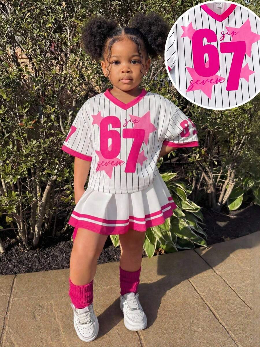 SHEIN Kids' 67 Number & Alphabet Print T-Shirt & Skirt 2-Piece Set - Cute 67th Party Outfit, Boys & Girls Short Sleeve Round Neck Top And Skirt, Casual Daily Fashion Streetwear - Hot Pink - View 1