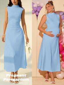 Loomaby Maternity Solid Color Stand Collar Fitted Elegant Sleeveless Dress - Blue - View 8