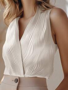 Balvessa 女士无袖V领交叉系带修身上衣，波浪提花纹理 - 米色 - 查看 7