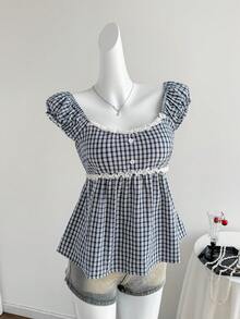 Sweetra 女士蓝色吊带背心，甜美性感，清新风格，适合度假、海滩、休闲和通勤，正面荷叶边装饰，宽松下摆设计，女士上衣 - 藍色 - 查看 1