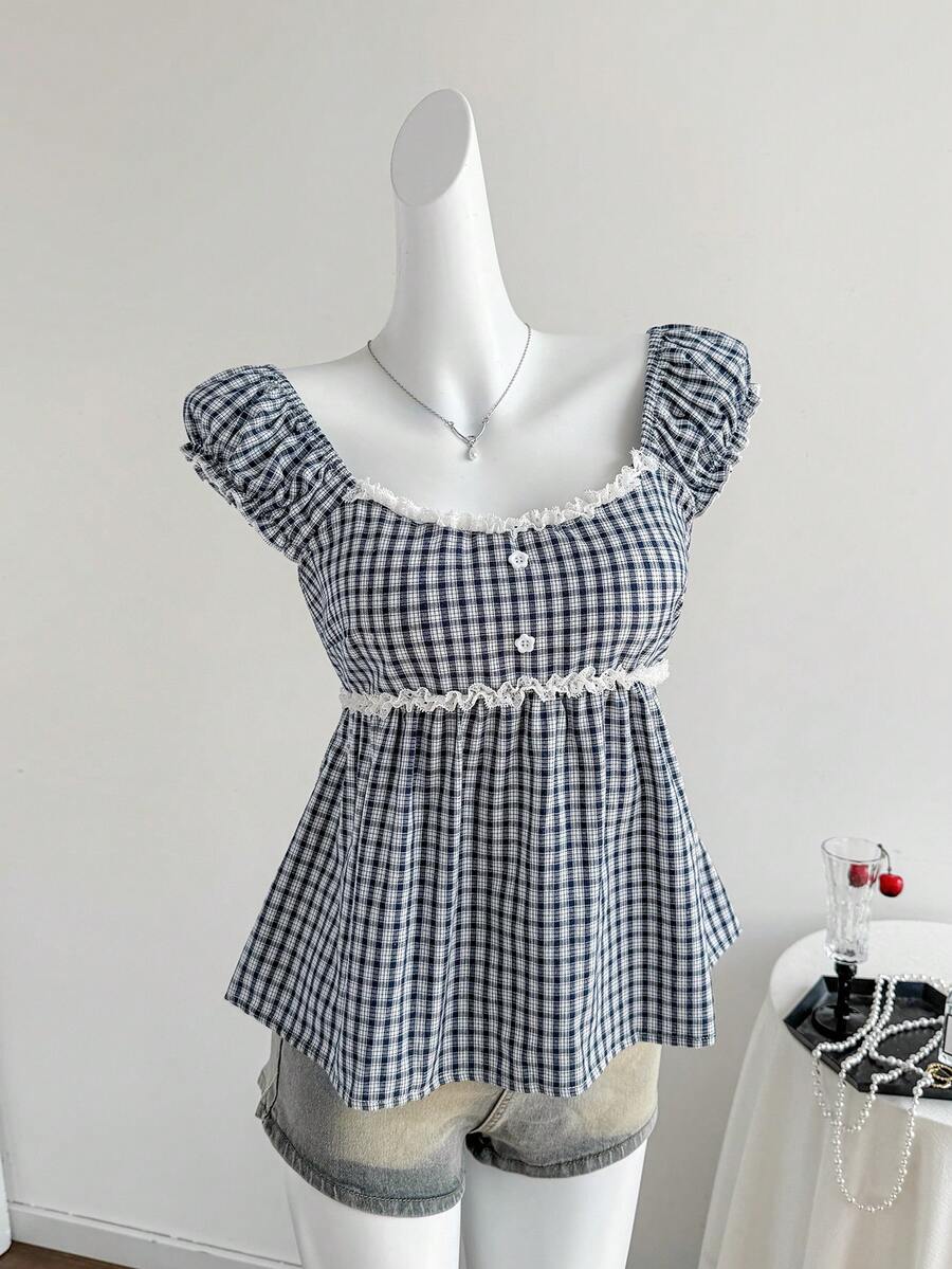 Sweetra 女士蓝色吊带背心，甜美性感，清新风格，适合度假、海滩、休闲和通勤，正面荷叶边装饰，宽松下摆设计，女士上衣 - 藍色 - 查看 1