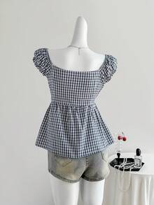 Sweetra 女士蓝色吊带背心，甜美性感，清新风格，适合度假、海滩、休闲和通勤，正面荷叶边装饰，宽松下摆设计，女士上衣 - 藍色 - 查看 2