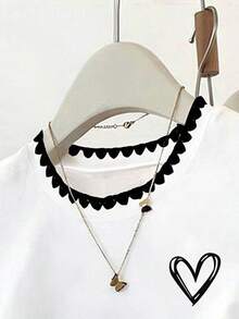 Resyla 女士T恤，荷叶领，心形印花图案，刺绣设计，夏季休闲户外上衣，优雅图案，百搭日常穿着，适合户外、购物、旅行 - 白色 - 查看 3