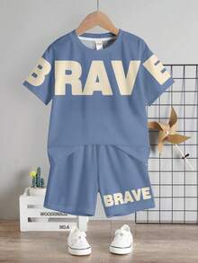 SHEIN 男童休闲简约T恤短裤套装，经典勇敢文字图案印花 - 彩色 - 查看 2