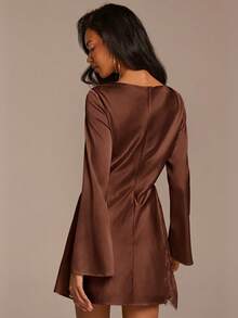 COSMINA 女士浅黄色喇叭袖蕾丝拼接迷你连衣裙，休闲度假派对婚礼浪漫蕾丝拼接连衣裙 - 棕色 - 查看 2