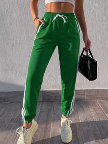 Contrast Panel Drawstring Waist Striped Side Sweatpants - Green - View 4