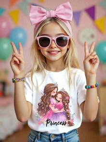 Camiseta casual de uso diario con cuello redondo, estampado de letras y dibujos animados para niña - Rosa - Ver 1