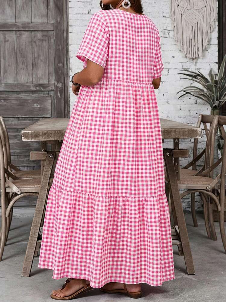 Plus Size Women's Gingham V-Neck Short Sleeve Ruffle Hem Casual Summer Dress, Simple And Fashion Style, Suitable For Summer,Casual Holiday Style, Casual Holiday Outfits, Summer Fashion, Women's Summer Outfits, Mother's Day Outfits, Country Concert Outfits, Women's Boho Outfits, Women's Western Outfits, Women's Holiday Outfits, Women Summer Clothing Women Plus Clothing Business Casual Woman S Summer Clothes Women Plus Clothing Formal