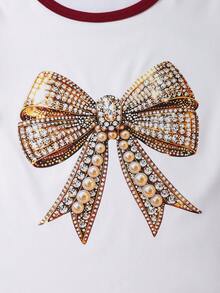 SHEIN Genkimix Kids 两件套女童宽松休闲撞色蝴蝶结印花短袖T恤搭配纯色蝴蝶结长裤，修身版型，适合夏季旅行、度假、上学和户外活动穿着。 - 紅白色 - 查看 4