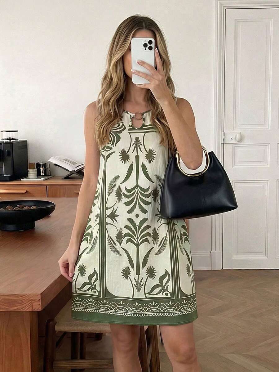 Easowa Đầm ngắn không tay in hoa phong cách thường ngày dành cho nữ, thích hợp cho kỳ nghỉ. - Nhiều màu - Xem 1