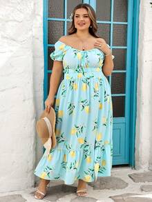 SHEIN CURVE+ Curve 尺码 US22 音乐节、海滨度假、波西米亚风女式水果印花开衩褶裥连衣裙 - 彩色 - 查看 9
