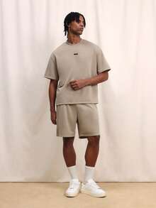 SUMWON Relaxed Suede T-Shirt And Shorts Co-Ord Set Crew Neck Short Sleeve Matching Casual Two Piece Outfit Comfortable Lounge Wear - Khaki - View 5