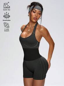 Easithlete Women's Striped Open Back Halter Neck Romper - Black and White - View 2