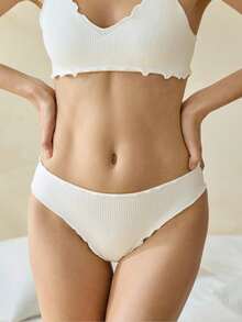 Ocili Women's Minimalist Comfortable Solid Color Ribbed Lettuce Trim Triangle Panties - White - View 4