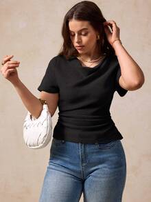 Elegantrix Áo thun nữ cỡ lớn tay ngắn cổ xếp ly dáng rộng kiểu Pháp, thích hợp cho mùa xuân/hè. - màu đen - Xem 5
