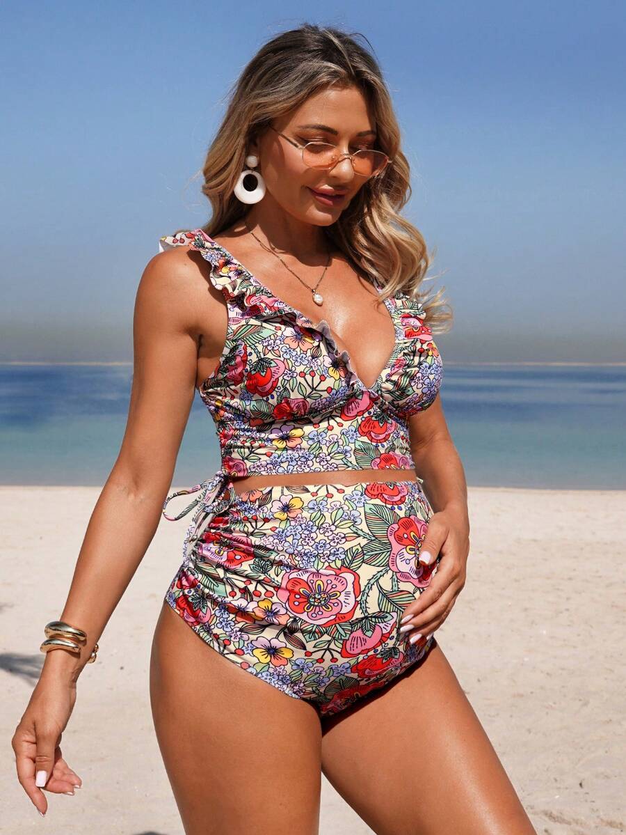 Swim Vcay Bộ bikini mùa hè dành cho bà bầu, họa tiết hoa, xếp nếp bên hông, có dây rút, thích hợp đi biển.