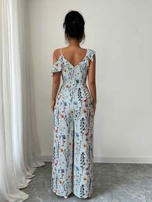Arcane Artistry 女士优雅不对称荷叶边领度假阔腿印花连体裤，波西米亚风女装，休闲连体裤，夏季女装，波西米亚风连体裤，碎花连体裤，碎花套装，露肩连体裤，碎花连体裤，波西米亚风连体裤，女士碎花连体裤，春夏碎花套装，Zanea 女士碎花连衣裙，优雅印花连衣裙 - 藍色 - 查看 2