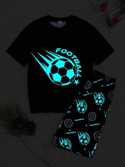SHEIN 2pcs Teen Boy Glow-In-The-Dark Football Graphic Crew Neck Short Sleeves And Shorts Casual Comfortable Pajama Set Suitable For Leisure And Home Life, Suitable For Spring And Summer