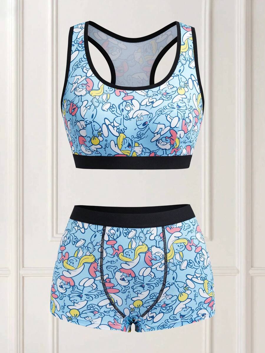 SHEIN X The Smurfs Bộ đồ lót nữ in họa tiết toàn thân, viền tương phản, gồm áo ngực và quần short, thích hợp mặc hàng ngày. - Màu xanh lam - Xem 1
