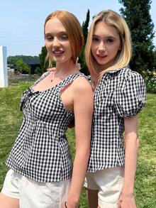 CovetEZ 女士夏季休闲度假黑白格子短袖单排扣翻领腰部休闲衬衫 - 黑色 - 查看 4