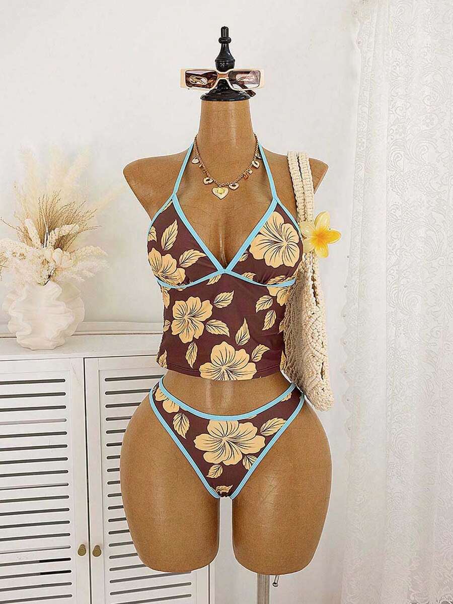 Zestiva Women's Y2K Floral Print Halter Neck Backless Tankini Swimwear Set, Color-Blocked V-Neck Beachwear - Multicolor - View 1