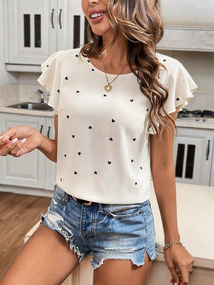 Easowa Women's Romantic Heart Pattern Printed Ruffle Sleeve Blouse - Apricot - View 1