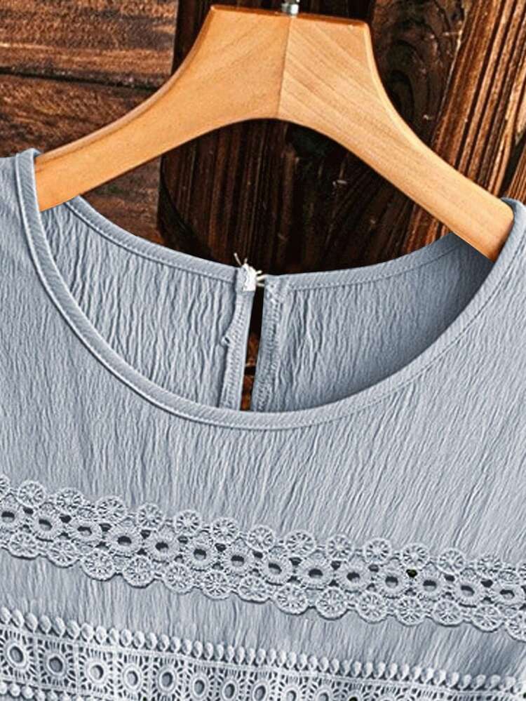 SHEIN JORESS Đầm ren khoét lỗ màu trơn dành cho nữ cỡ lớn, đầm thường ngày, đầm nữ, đầm hè thường ngày, đầm hè, đầm bán online - Màu xanh lam - Xem 5