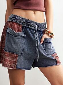 Bohemela 女士休闲针织拼接宽松阔腿水洗短裤 - 藍色 - 查看 4