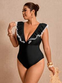 Elaquor Plus Size Ruffled One-Piece Swimsuit For Beach & Resort Plus Size Bathing Suits Women - Black - View 5