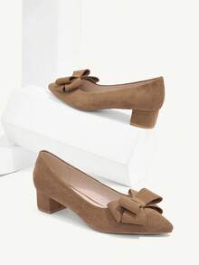 CUCCOO CHICEST Women Shoes Point Toe Bow Decor Fashion Chunky Heeled Suede Court Camel Pumps Vacation Shoes Summer Spring Shoes Spring Break Easter Prom Heels For Christmas Elegant Shoes Wedding Shoes - Camel - View 5