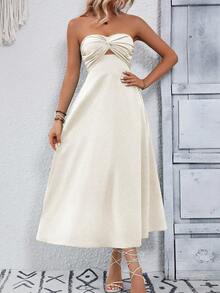 Breezaya 露肩抹胸连衣裙度假沙滩装女装 - 杏色 - 查看 7