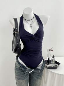 女士V领前扭结休闲连体衣，简约性感，春夏款 - 藏蓝色 - 查看 6