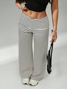 SHEIN PETITE Apricot Striped Knit Women's Trousers - Black and White - View 1