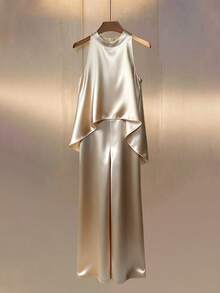 Franclia 女士休闲缎面宽松连体裤，夏季 - 香檳色 - 查看 4