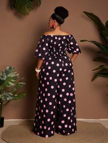Maweii Plus Size Off-Shoulder Polka Dot Drawstring Waist Short Sleeve Jumpsuit - Black - View 5